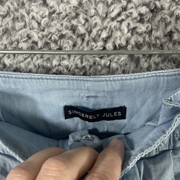 SINCERELY Jules High Waisted Belted Paperbag Chambray Blue Ruffled Shorts Sz Sm - Picture 3 of 9